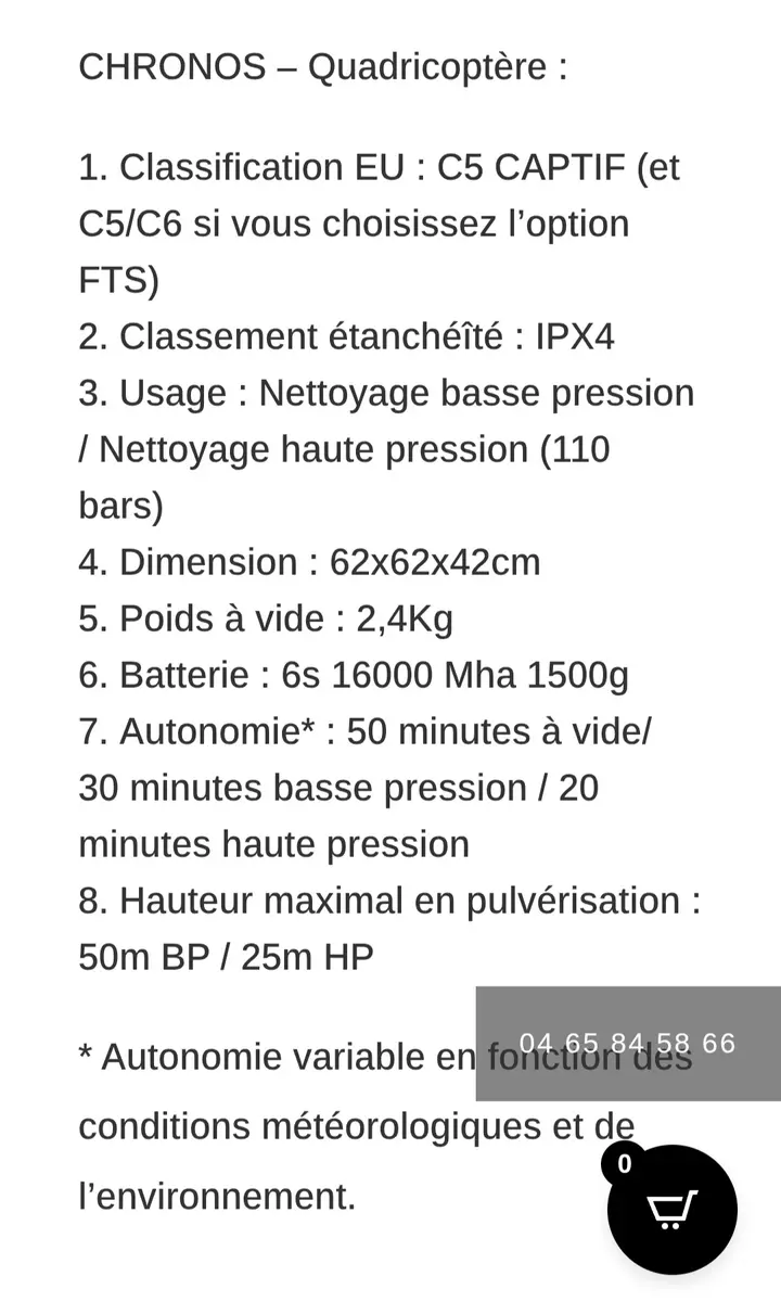 Extrait des caractéristiques techniques du drone Chronos