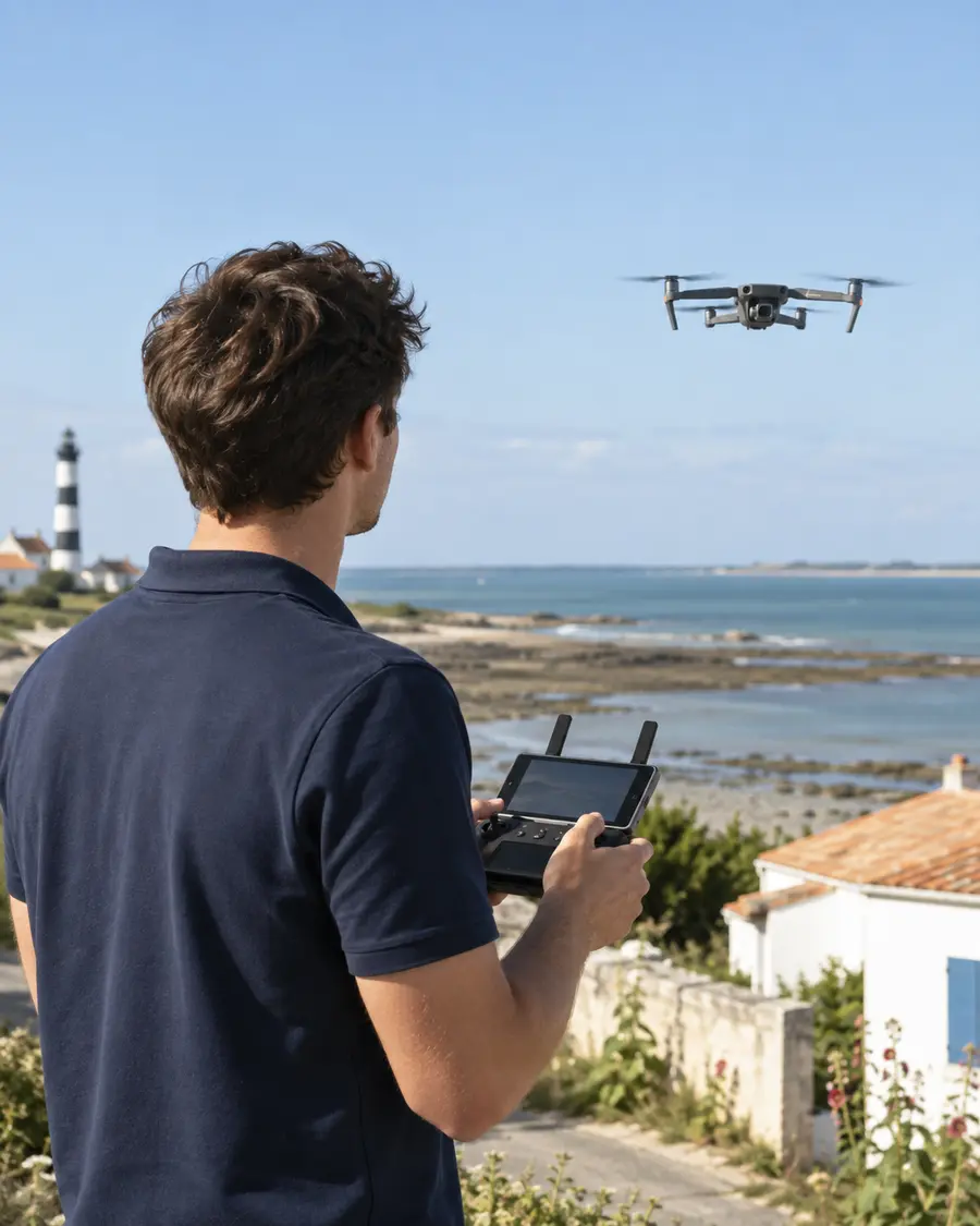 Illustration d’un télépilote utilisant une radiocommande sur le littoral